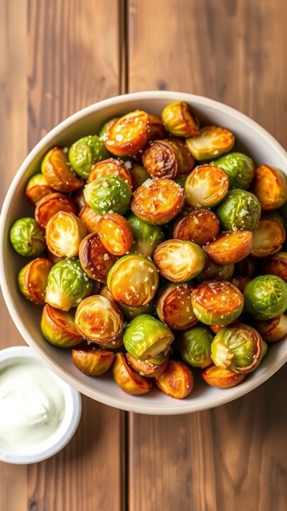 Crispy Air Fryer Brussels Sprouts with Ranch Dressing Crispy air fryer Brussels sprouts with ranch seasoning and Parmesan cheese in a bowl on a wooden table.